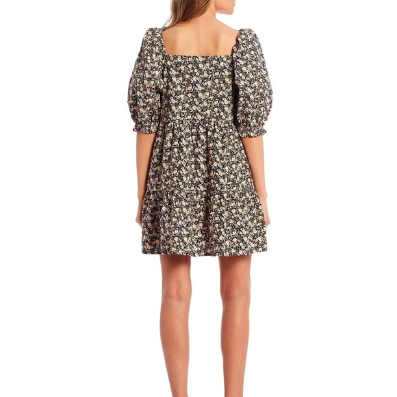 LEVI'S Black Floral Pouf Sleeve Square Neck Short Dress (Small) - Picture 2 of 5